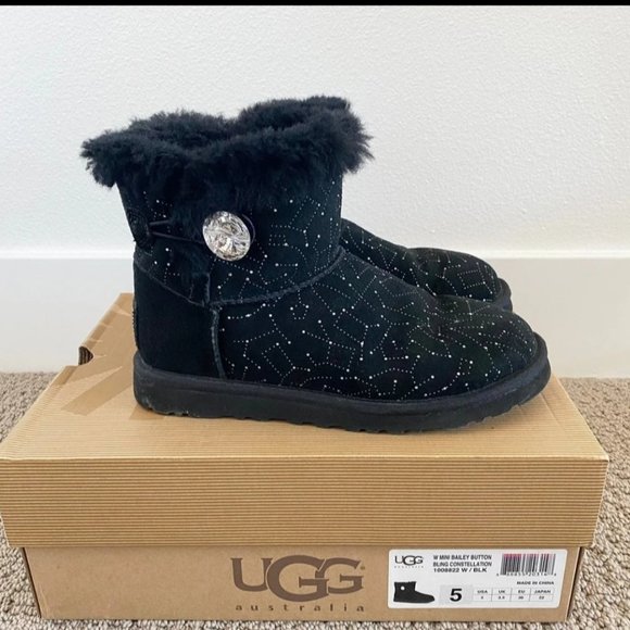 UGG Mini Bailey Button Crystal Bling Constellation Boots Black Size 5 - Picture 2 of 9